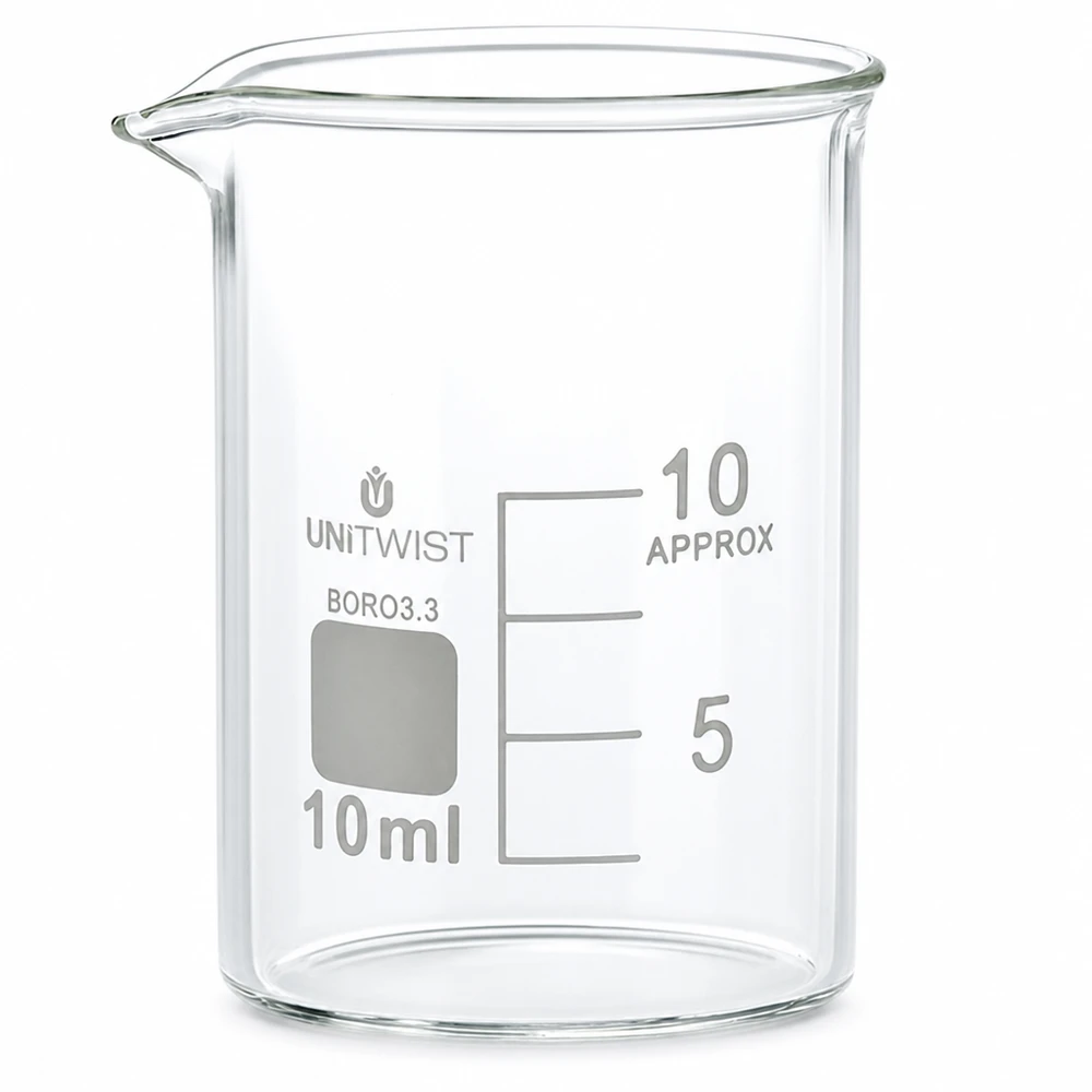 Laboratoriumglas 10 ml, lage vorm, borosilicaat 3.3, met schrijfveld en nauwkeurige volumeschaal