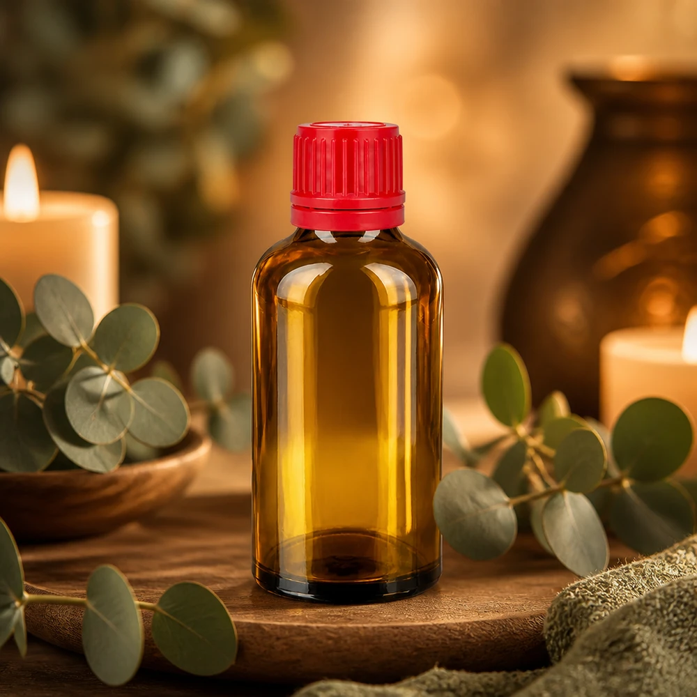 Hoogwaardige 50ml amberkleurige glazen fles met rode verzegelstop voor apotheek- en laboratoriumgebruik