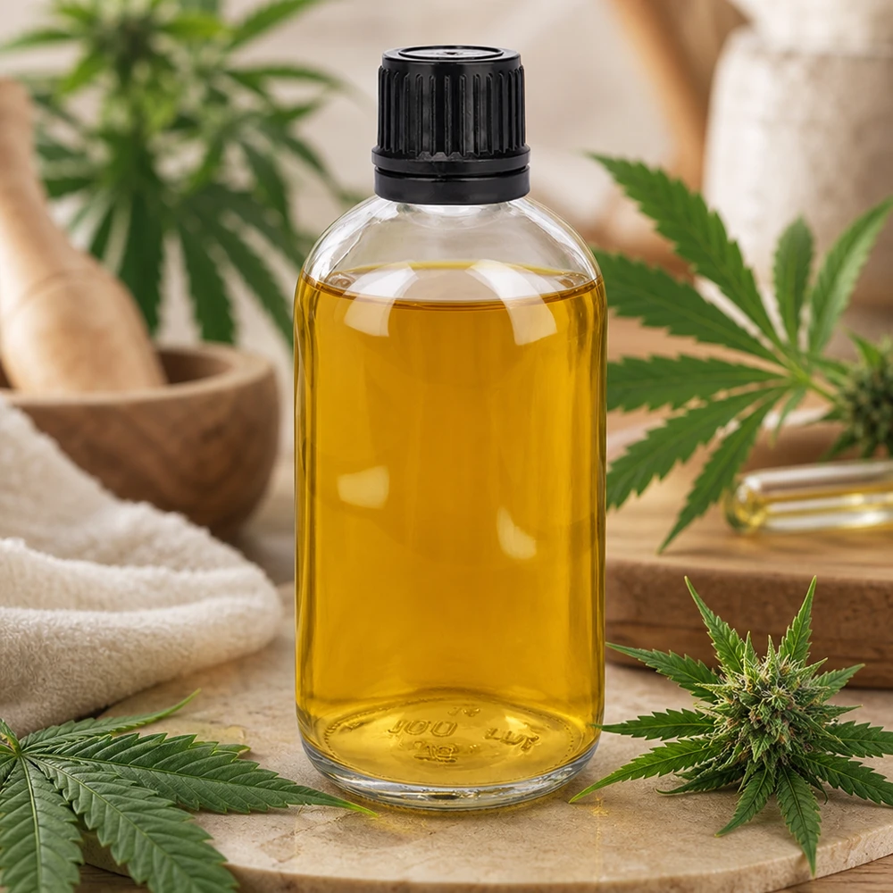 Glazen flesje van 100 ml gevuld met CBD-olie, omringd door cannabisbladeren en -bloemen