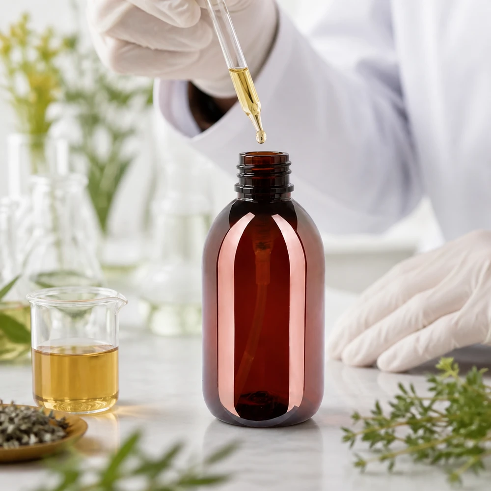 Amberkleurige PET-fles van 250 ml voor botanische extracten, naast een bekerglas en kruiden