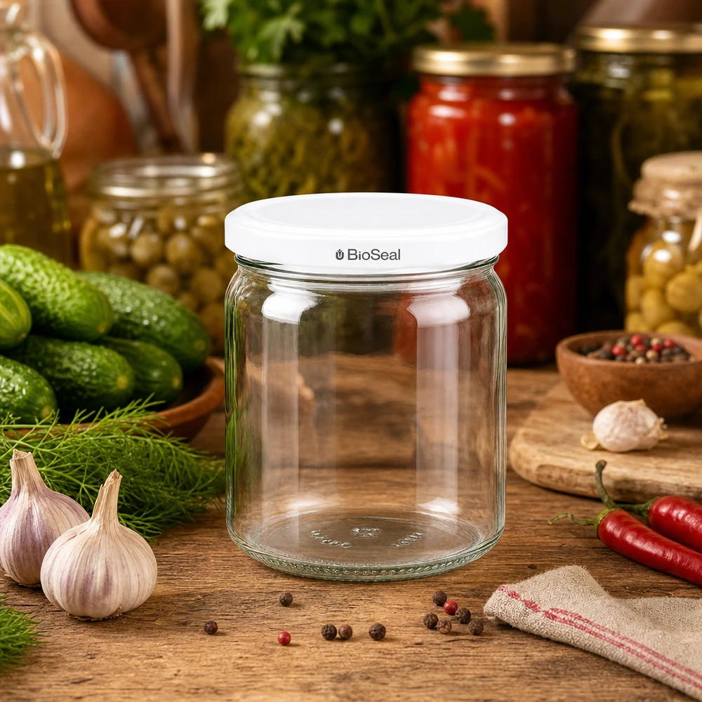 408ml rond glas met BioSeal deksel wit UNiTWIST UNiTWIST Runda408 Einmachglas in rustikaler Küchenszene mit frischen Kräutern und Gewürzen - vielseitiges Vorratsglas