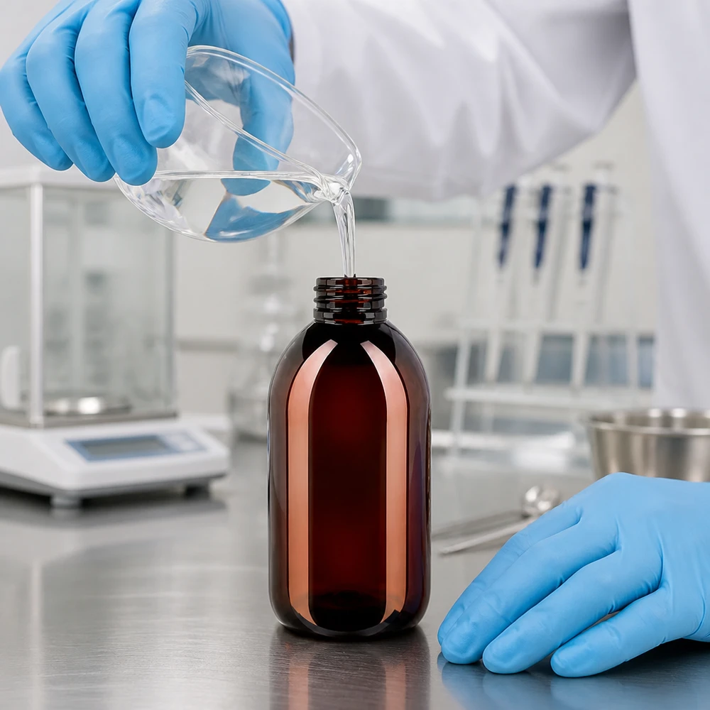 PET fles 250ml met ontgassingsdop rood Een medewerker met handschoenen aan vult een bruine PET-fles met smalle hals van 250 ml met een ontgassingsdop