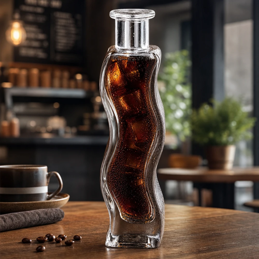 100 ml glazen fles Melissa zonder sluiting UNiTWIST® Melissa 100ml glazen fles gevuld met coladrank en ijsblokjes in een moderne café sfeer op een houten tafel