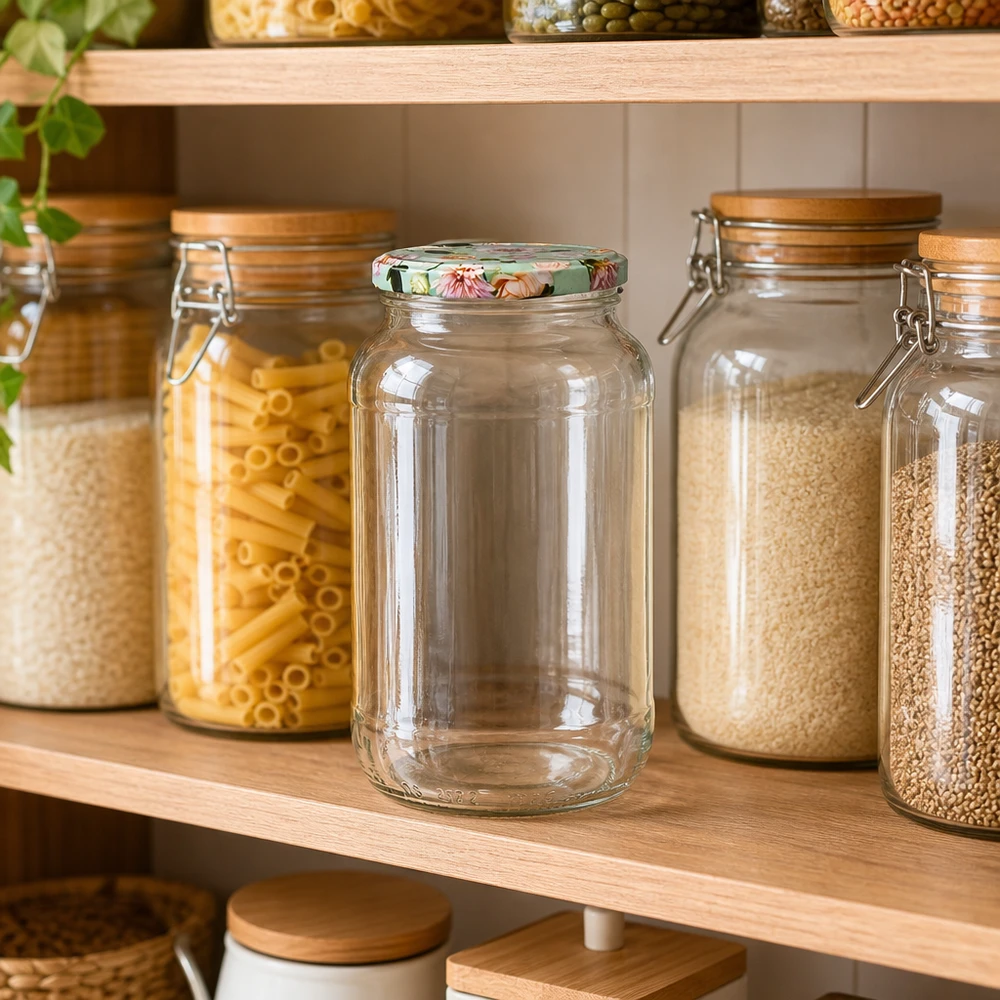 Ronde pot 1062 ml + deksel BasicSeal mintbloem UNiTWIST 1062ml ronde pot met BasicSeal deksel munt in voorraadkast organisatie naast voorraadpotten met pasta en ontbijtgranen