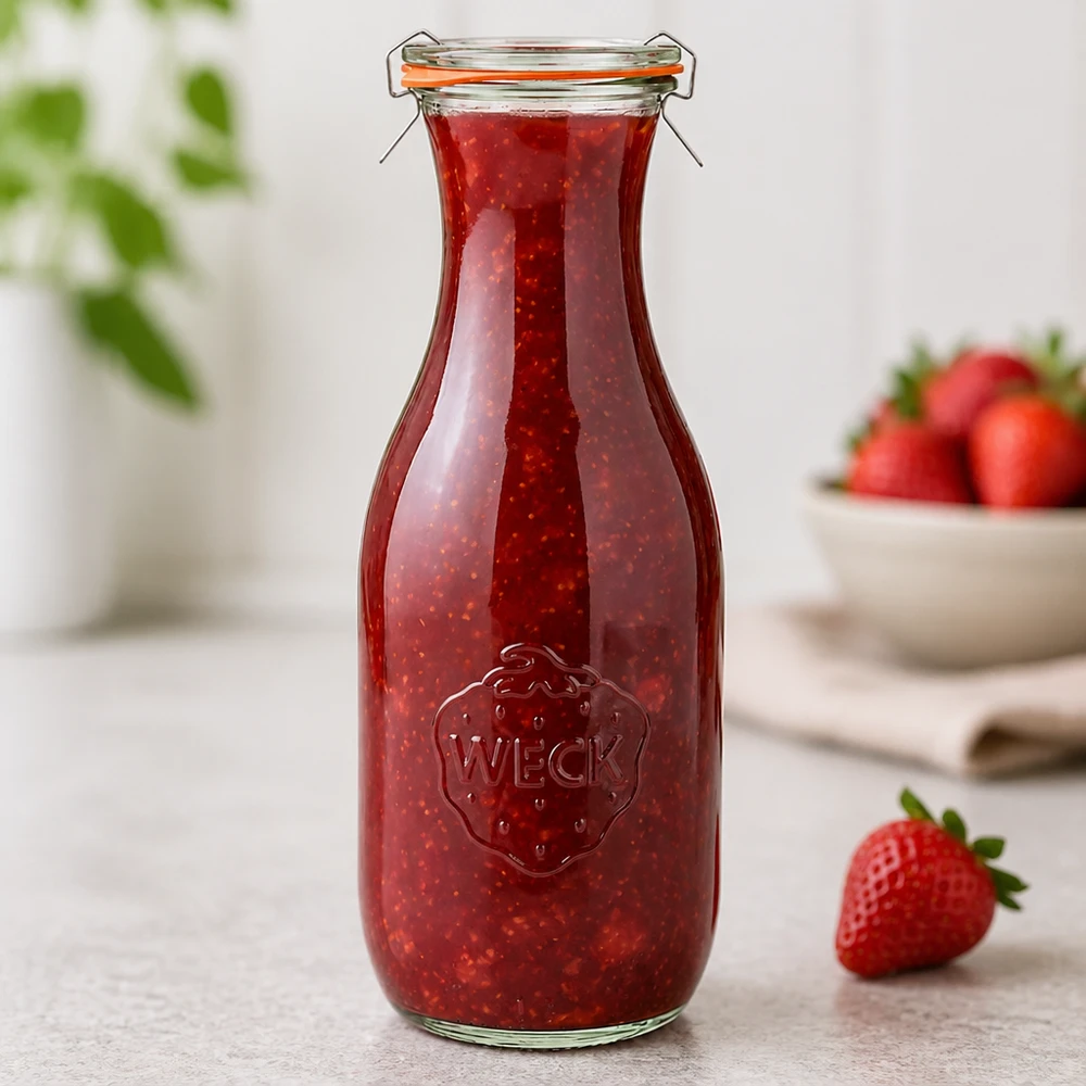 WECK sapfles 1062ml RR60 gevuld met aardbeienjam toont logo in reliëf en swing top detail