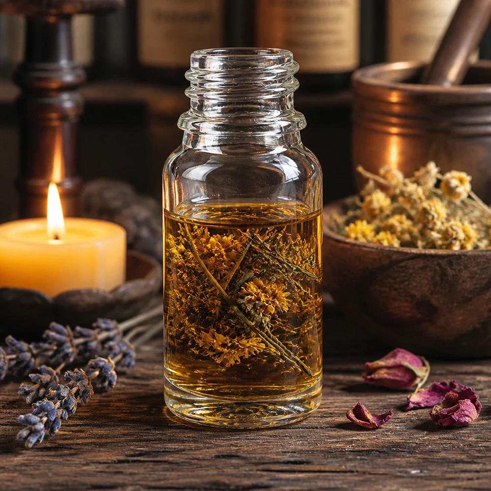 Glazen flesje van 10 ml met gedroogde kruiden en bloemen in goudkleurige kruidenolie