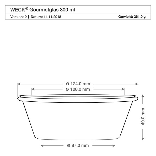 300ml gourmetglas met vershouddeksel WECK RR120 Technische tekening WECK RR120 gourmetpot 300ml met afmetingen diameter 124mm 108mm 87mm hoogte 49mm