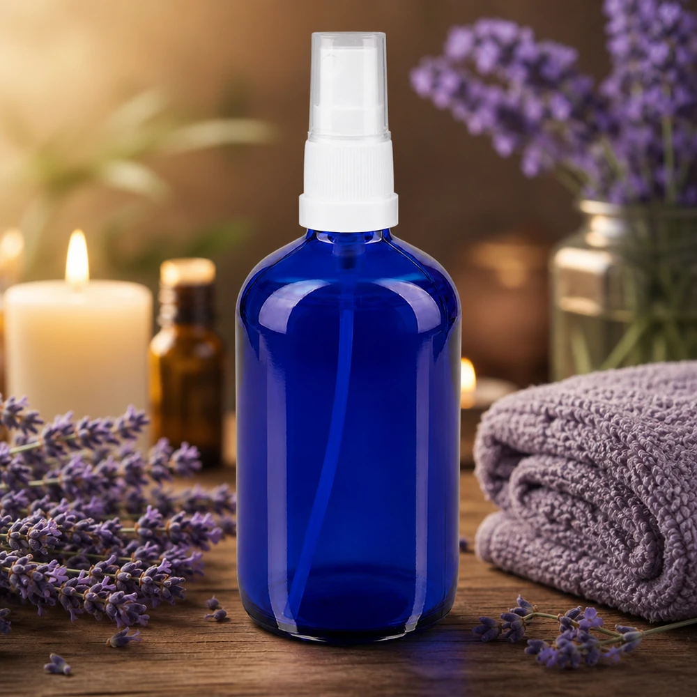 Hoogwaardige glazen spuitfles van 100 ml in blauw met een witte spuitkop voor gezichtswater en toner