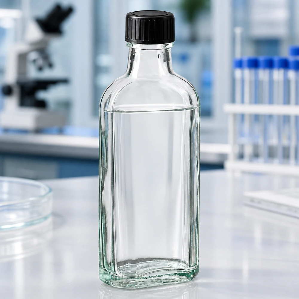 Laboratoriumflesje Meplat van 100 ml, van helder glas, met zwarte dop en een goed sluitende schroefdraad