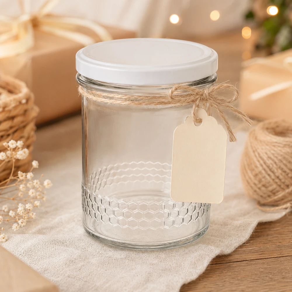 400 ml honingpot met jute koord en cadeaulabel rustieke decoratie BasicSeal deksel wit UNiTWIST systeem