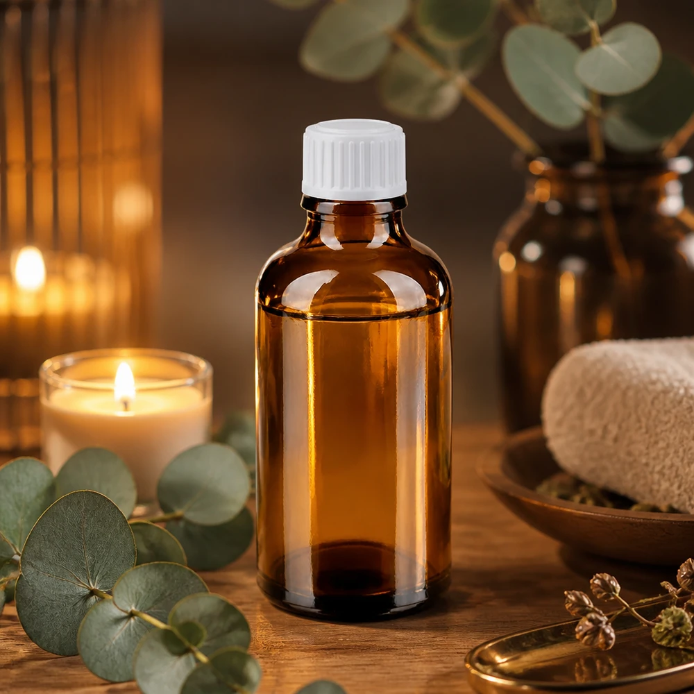 Kleine bruine apothekersfles van 50 ml met witte schroefdop op een houten ondergrond