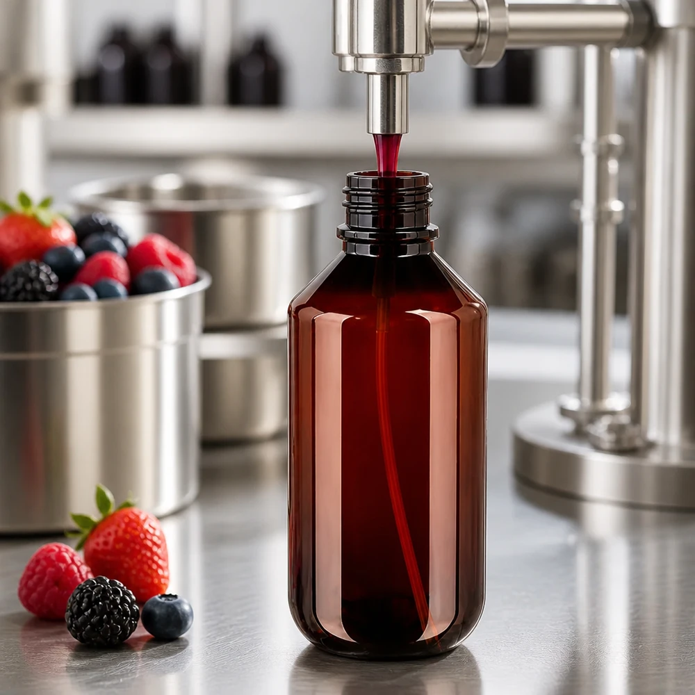 200 ml PET medicijnfles met verstuiver zwart GCMI 28/410 incl. dop transparant, standaard Bernsteinfarbene 200ml PET Flasche mit schwarzem Zerstäuber für Beeren-Kosmetikprodukte geeignet