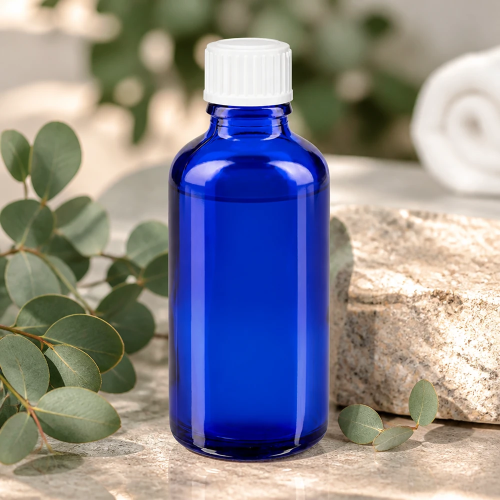 Ronde blauwe fles van apothekersglas, 50 ml, met witte dop, voor natuurlijke cosmetica