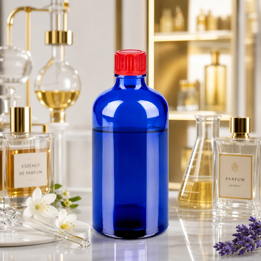 Elegante 100ml BlueLine fles in kobaltblauw met betrouwbaar sluitsysteem UT18/100
