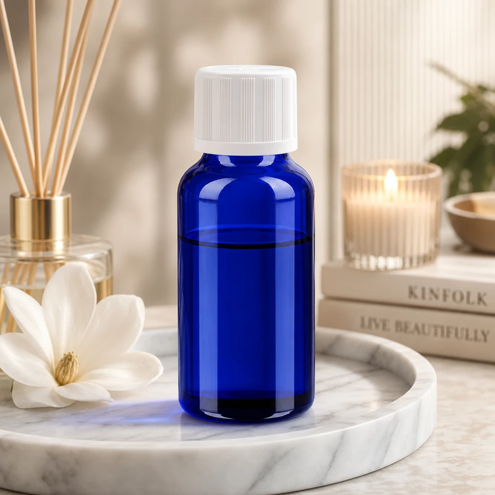 Praktisch 20ml bewaarflesje van UV-beschermend kobaltglas met lekvrije dop
