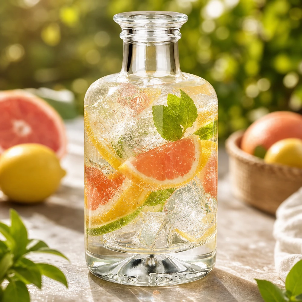 100ml Sofia glazen fles gevuld met geïnfuseerd water grapefruit munt en ijs buiten sfeer met citrusvruchten