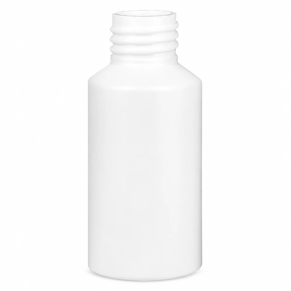 PET cilinderfles 50ml wit, S20x3, zonder sluiting Kleine witte kunststof fles van 50 ml (HDPE), geschikt voor laboratoria en apotheken