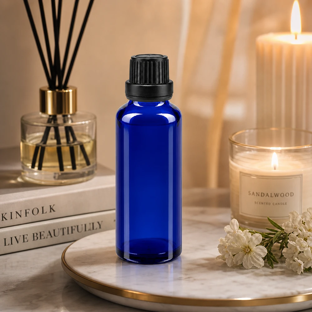 Blauwe glazen flessen 30ml met zwart druppelsluiting 2mm VR Slanke kobaltblauwe fles van 30 ml met druppeldispenser en kinderveiligheidssluiting, geschikt voor natuurlijke cosmetica