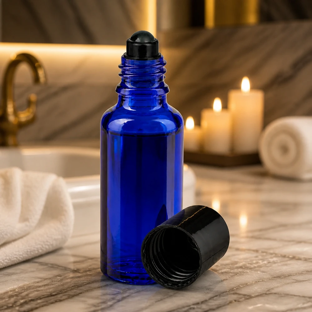 Glas deostick fles blauw 30ml, lege deo roller (Roll On) Geopende blauwe glazen roll-onfles van 30 ml STD met afneembare zwarte dop