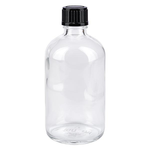 Helder glazen flessen 100ml met zwart druppelsluiting 1mm St Helder glazen flessen 100ml met zwart druppelsluiting 1mm St
