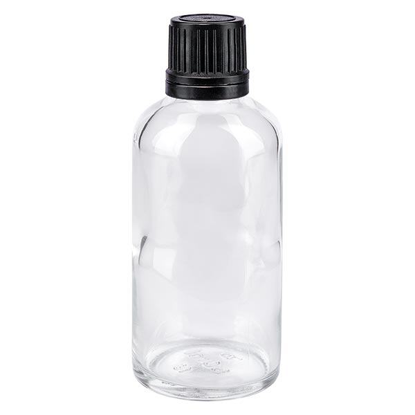 Helder glazen flessen 50ml met zwart druppelsluiting 1mm VR Helder glazen flessen 50ml met zwart druppelsluiting 1mm VR