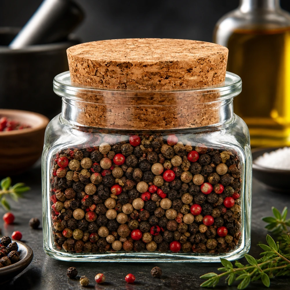 Idee voor een glazen kruidenpotje: Vierkant 120 ml helder inclusief kurk Quadratus voorraadpotje 120 ml met kurk 38 mm voor kruiden, gevuld met peperkorrels in verschillende kleuren