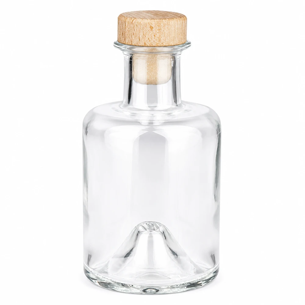 200 ml apothekersfles Sofia met houten handvat en kurk UNiTWIST® 200ml glazen fles Sofia met houten handvat kurk UNiTWIST transparant leeg Productfoto tegen een witte achtergrond