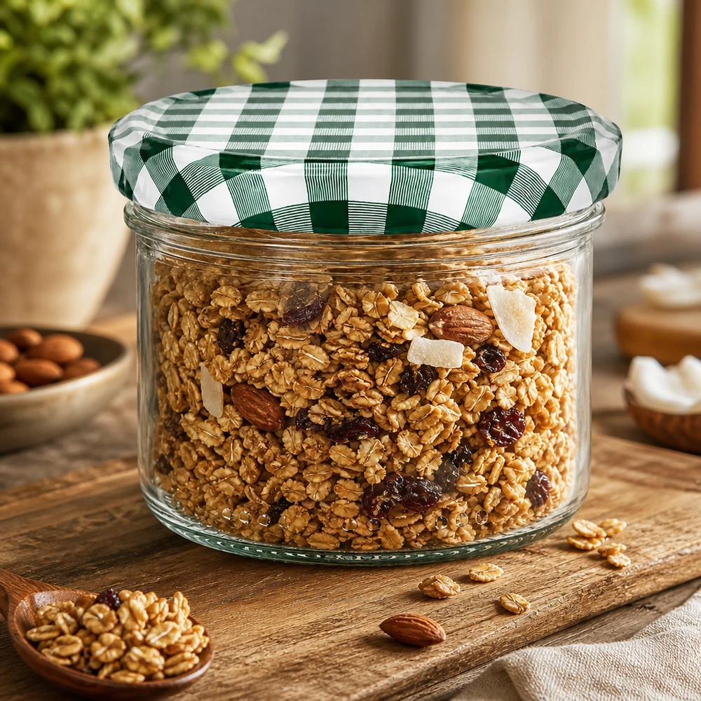 Cilindervormige pot 230ml gevuld met muesli en groen-wit geblokt BasicSeal deksel op een houten plank met noten