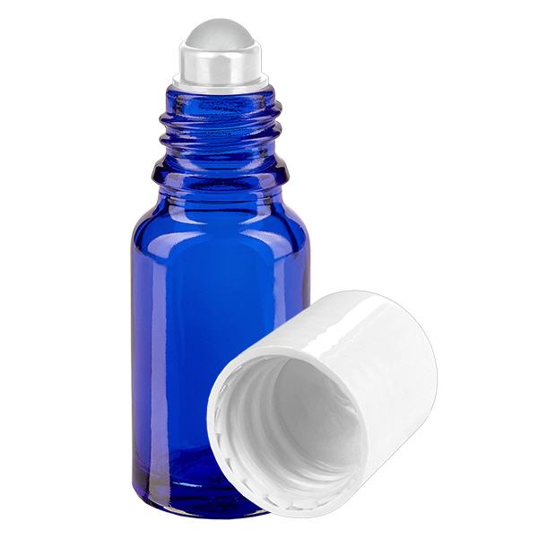 Apothekersflesje blauw 10ml roll-on cap wit Apothekersflesje blauw 10ml roll-on cap wit