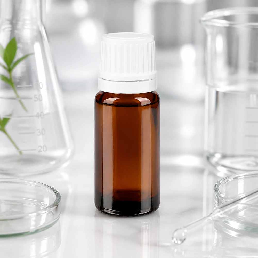 Doseerflesje van 10 ml van bruin UV-bestendig glas met een nauwkeurig druppelopzetstuk van 0,7 mm en een OV-dop