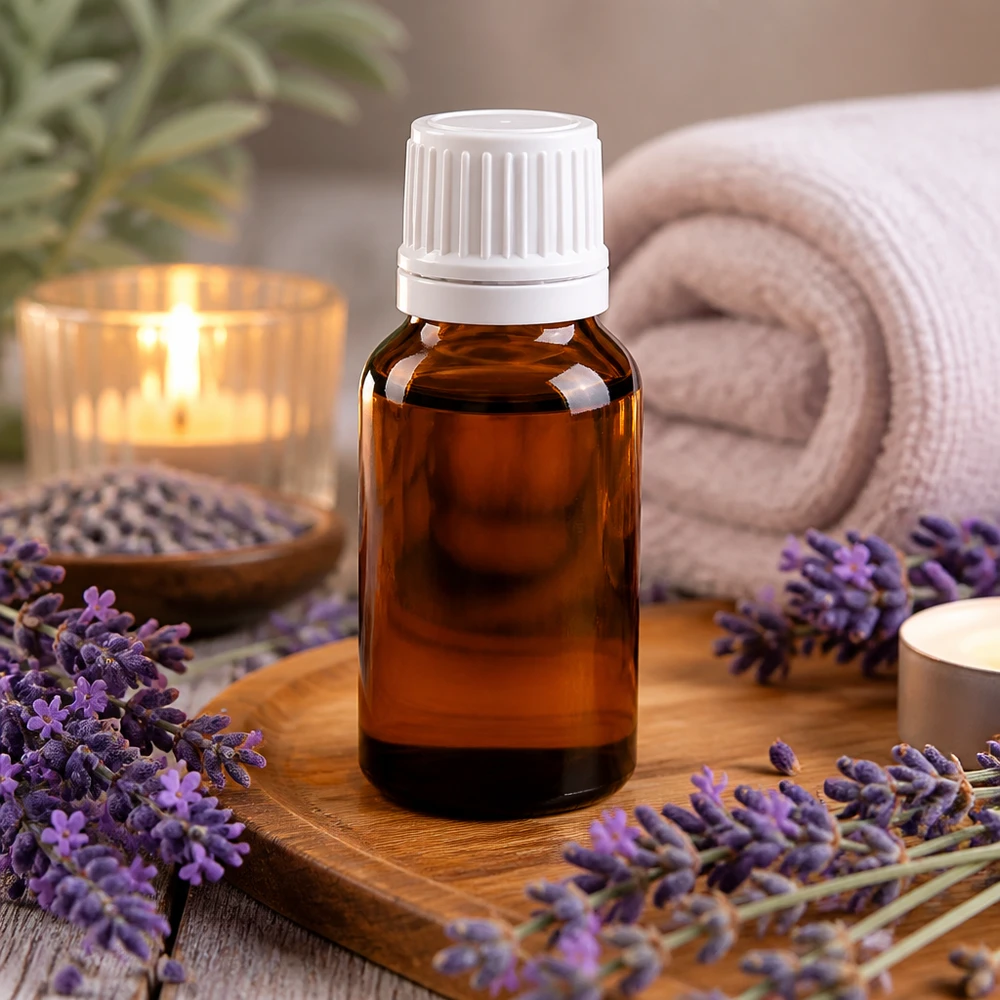 Druppelflesje van 15 ml, bruin met een witte OV-dop, omringd door paarse lavendelbloemen en een kaars