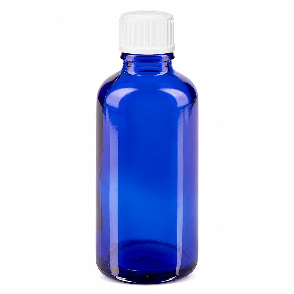 Cilindrische druppelfles van 50 ml van blauw glas met een witte standaarddop voor vloeibare geneesmiddelen