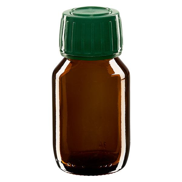 50ml Euro-medicijnfles bruin met groene schroefsluiting VR 50ml Euro-medicijnfles bruin met groene schroefsluiting VR