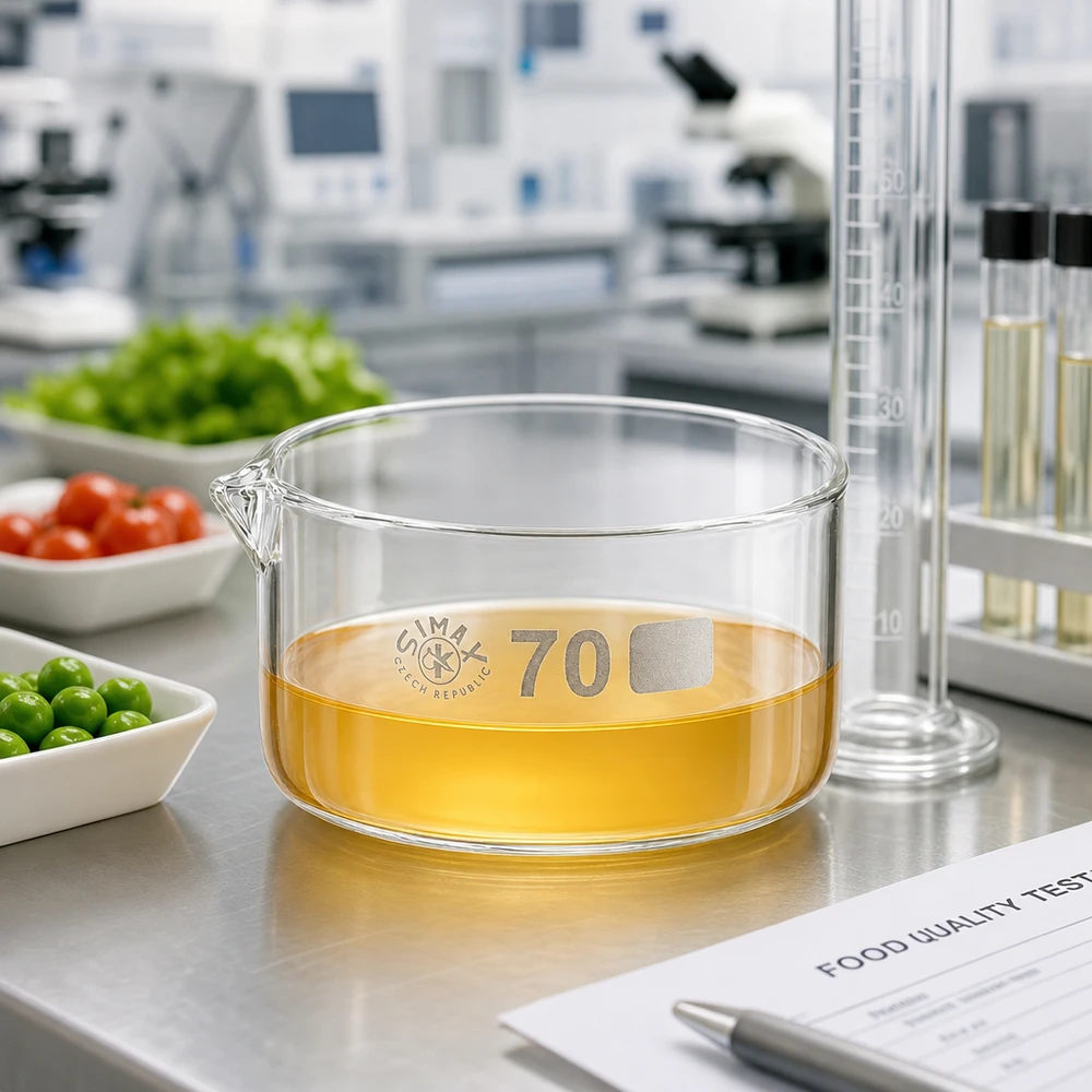 Simax-glazen schaal van 100 ml met amberkleurige vloeistof voor voedselanalyse in het profiel