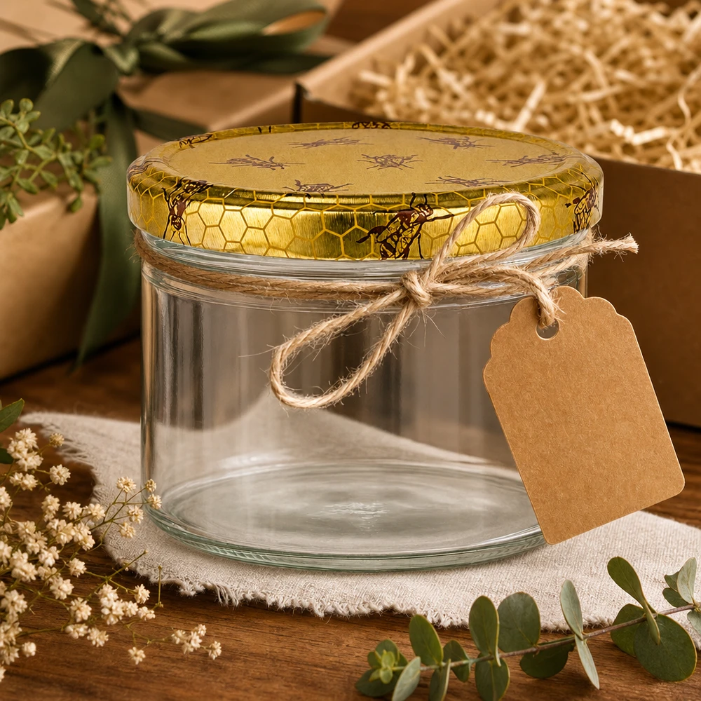 225ml glazen pot leeg BasicSeal honingraat deksel geschenkdoos raffia lint kraftpapier label decoratie