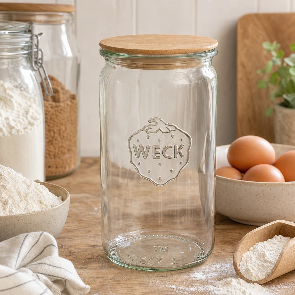 WECK cilinder pot 340ml RR60 houten deksel in de keuken met meel eieren en voorraad potten als bak accessoires opslag