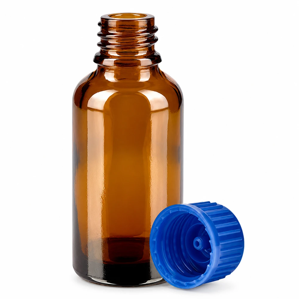 30ml fles 11mm SV blauw STD BrownLine UT18/30 Hoogwaardige 30ml apothekersfles van amberkleurig glas met blauwe veiligheidsdop