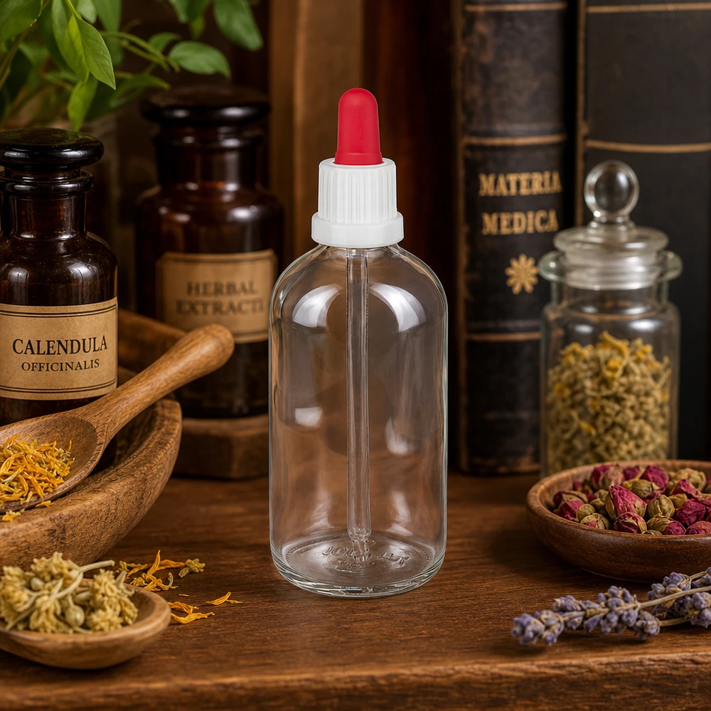 Apothekersflesje 100 ml ClearLine met pipetopzetstuk, voor natuurgeneeskunde, wit-rood, OV