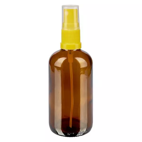 Bruin glazen flessen 100ml met geel pompverstuiver Bruin glazen flessen 100ml met geel pompverstuiver
