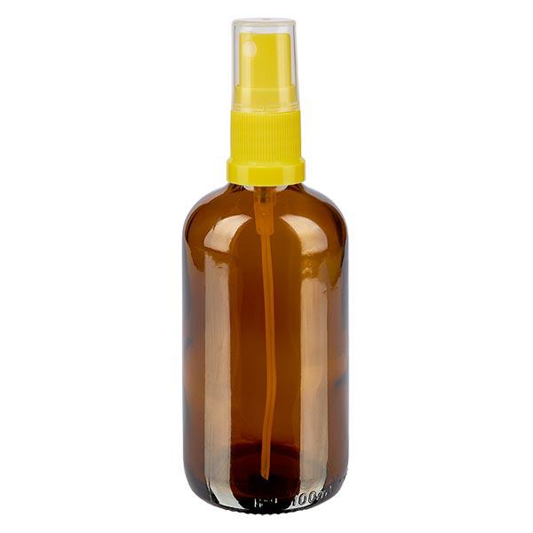 Bruin glazen flessen 100ml met geel pompverstuiver Bruin glazen flessen 100ml met geel pompverstuiver