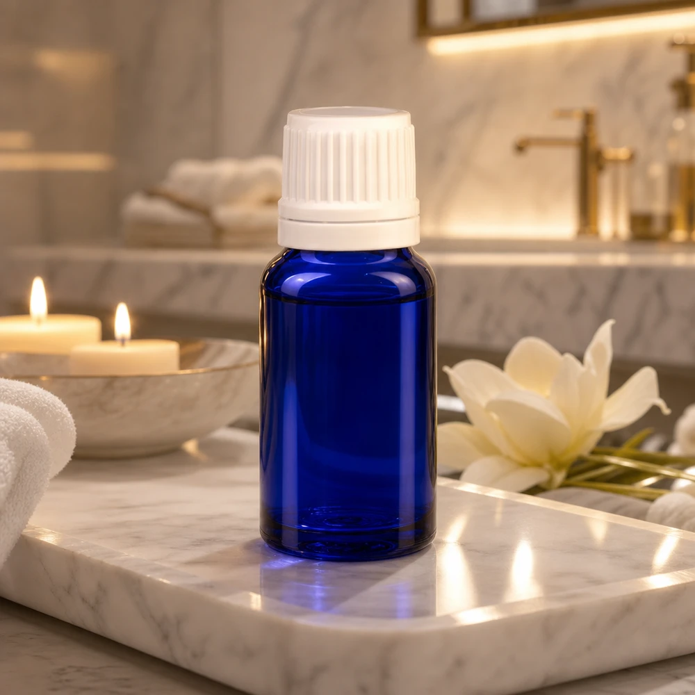 Blauw medicijnflesje van 10 ml met geribbelde OV-dop op een elegant marmeren dienblad