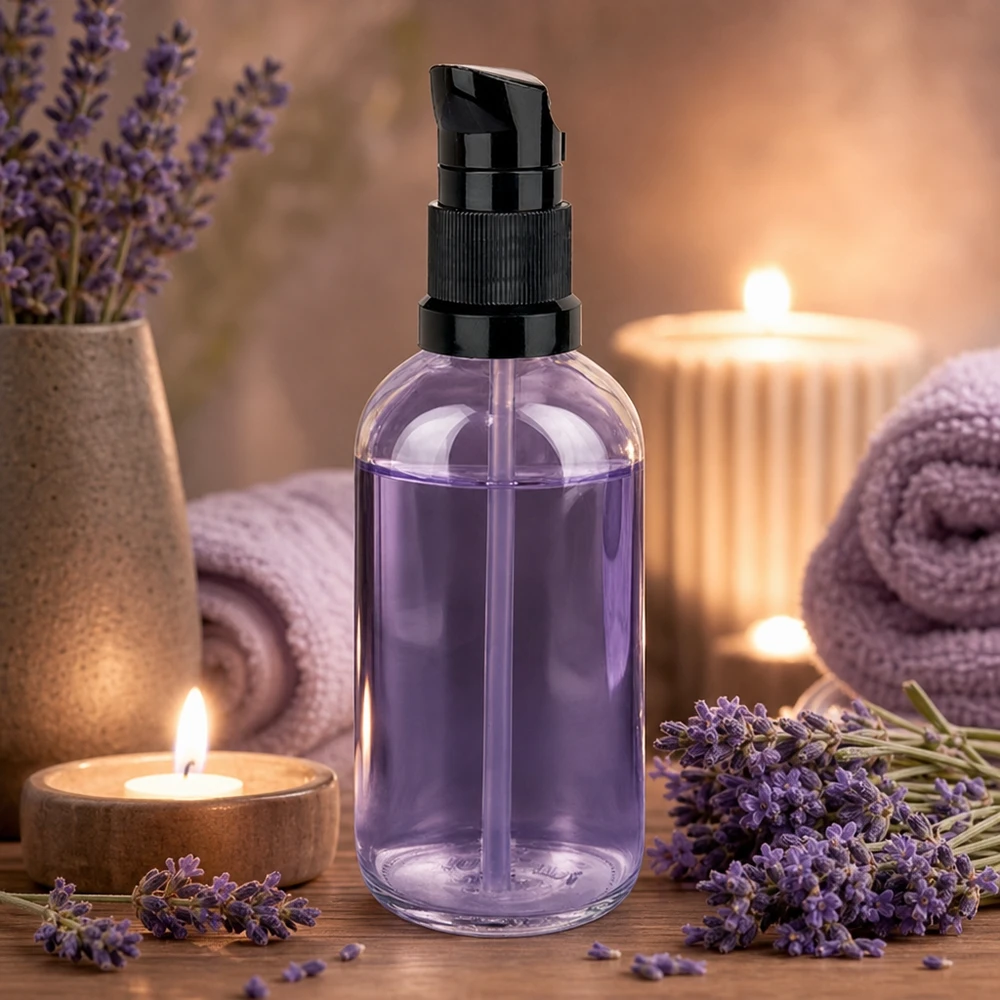 ClearLine UT18 doseerfles van 100 ml met zwarte pomp en lavendelkleurige inhoud – Spa- en wellness-sfeer