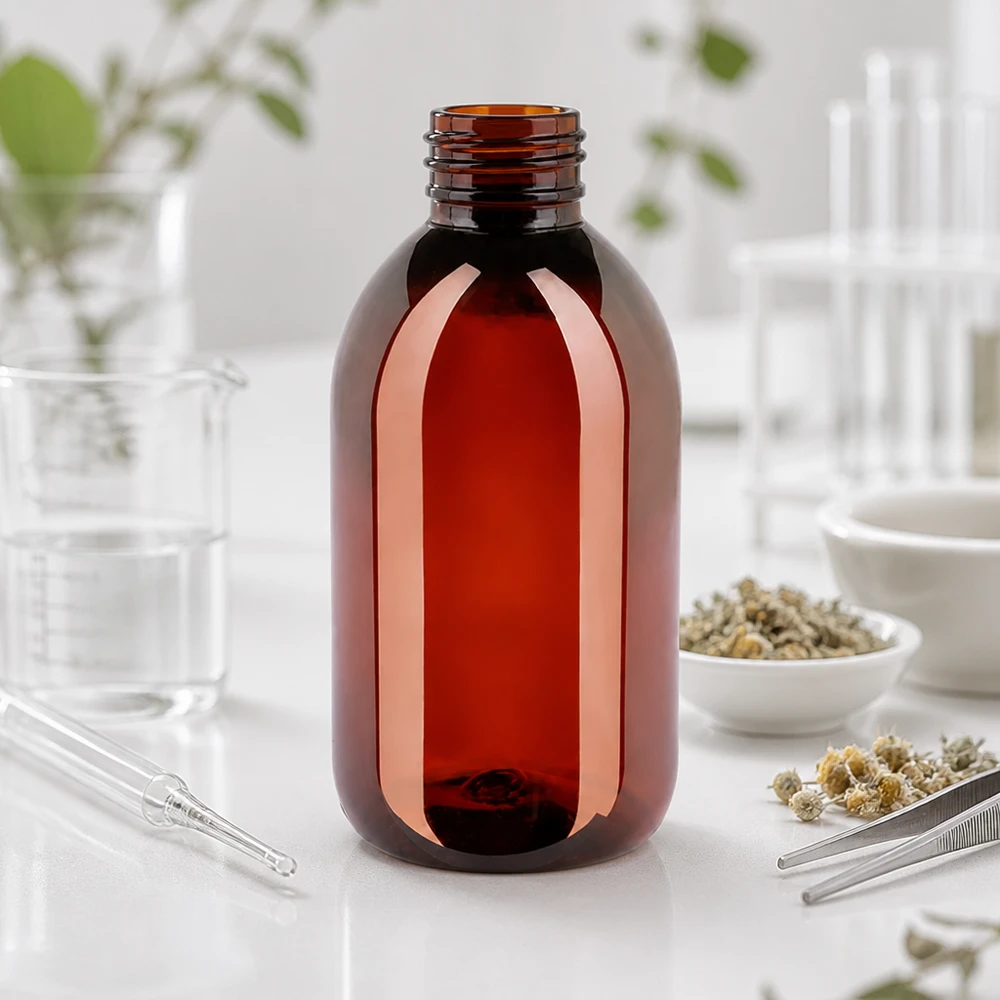50 ml PET medicijnfles met verstuiver zwart GCMI 28/410 incl. dop transparant, standaard Ronde PET-verpakkingsfles van 250 ml in bruin voor natuurlijke cosmetica en voedingssupplementen