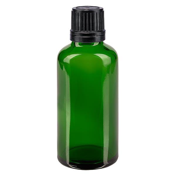 Groenen glazen flessen 50ml met zwart druppelsluiting 1mm VR Groenen glazen flessen 50ml met zwart druppelsluiting 1mm VR