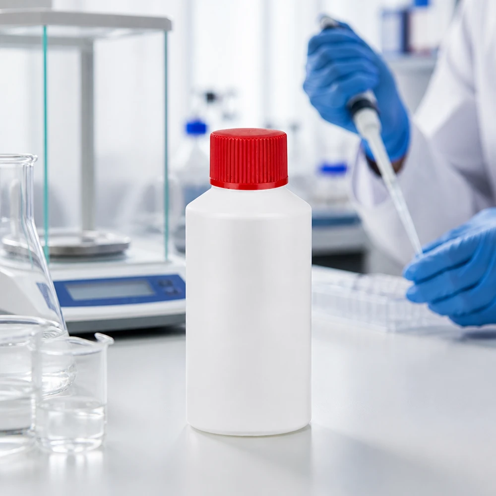 50 ml witte apotheekfles met rode SV naast een bekerglas en een pipet in het Profillabor