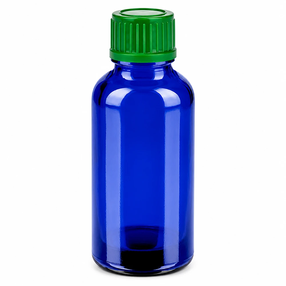 30ml fles 11mm SV groen STD BlueLine UT18/30 Compact blauw flesje van 30 ml met groene schroefdop, ideaal voor op reis en onderweg