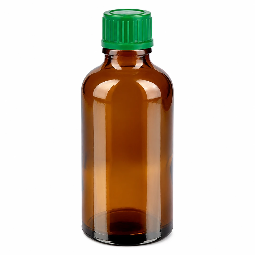 Compact bruin flesje van 50 ml met groene dop voor tincturen