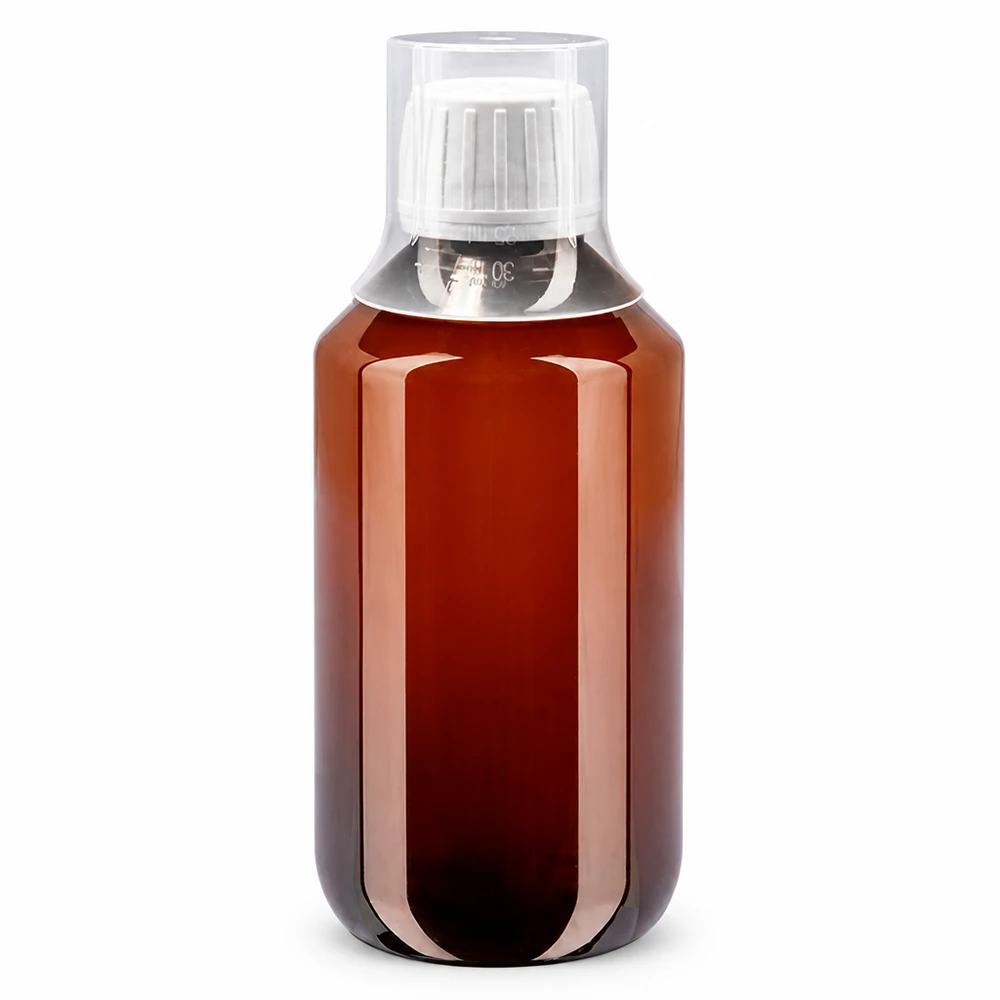 200ml PET medicijnfles - schroefsluiting VR wit - doseerbeker 30ml blank Zylindrische PET Flasche 200ml mit weißem Sicherheitsverschluss und klarem Messbecher