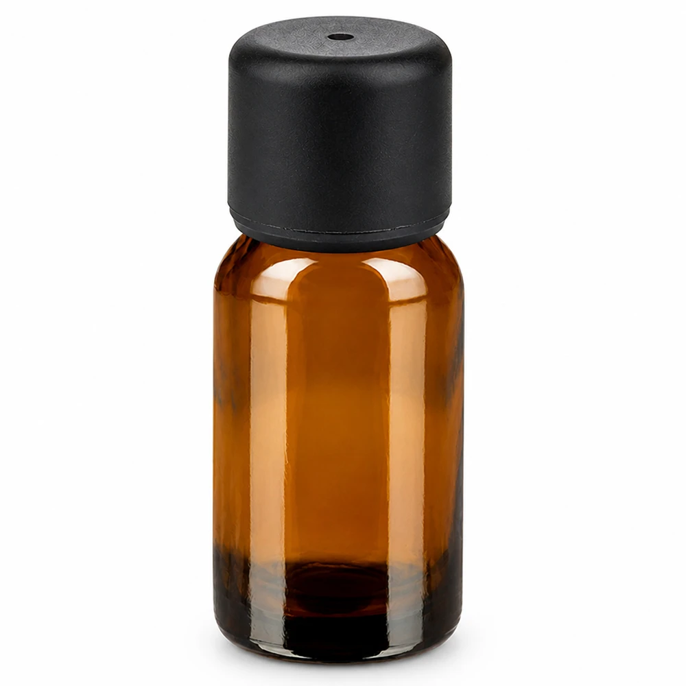 10ml amberkleurig glazen flesje met zwarte dop voor essentiële oliën en cosmetica