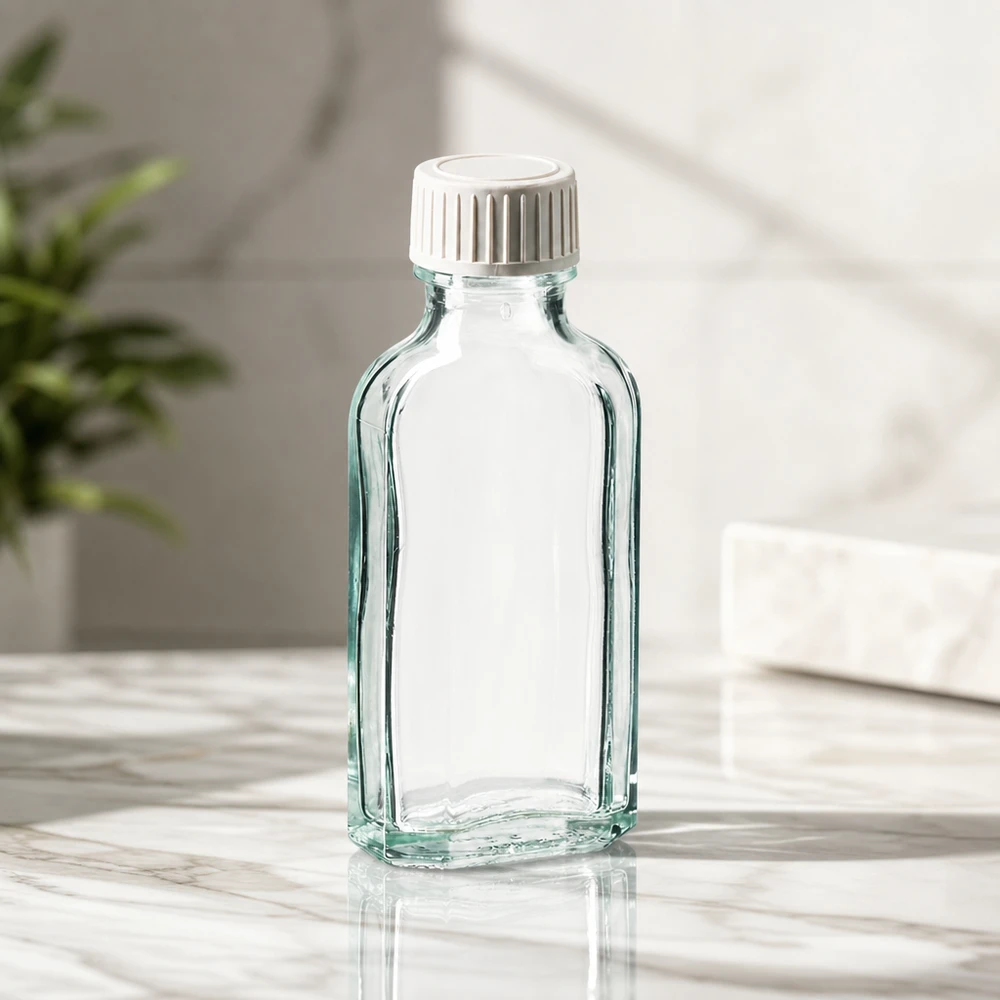 Rechthoekige fles van helder glas, Meplat, 50 ml, met een geribbelde witte kunststof dop